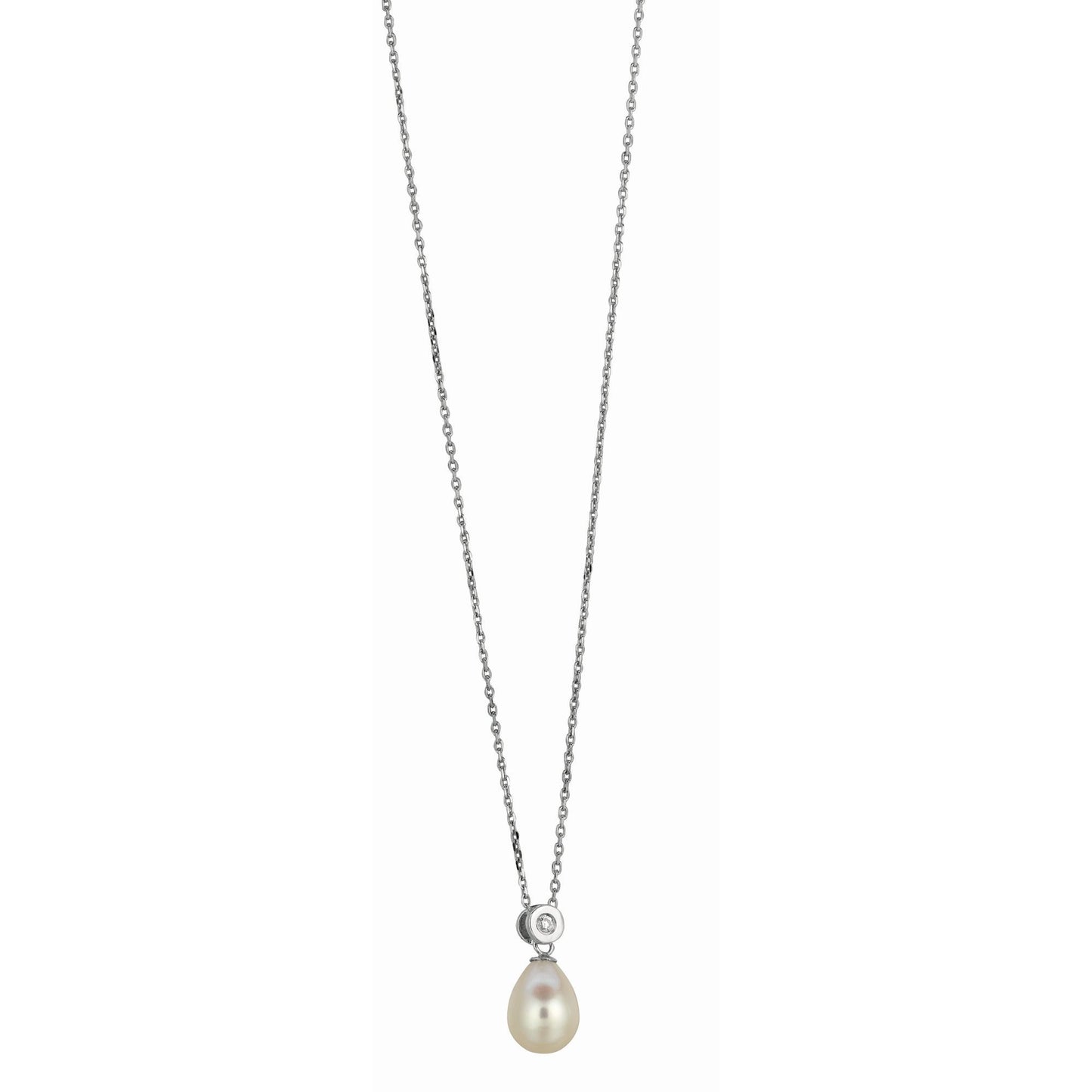 Silver Pearl and Bezel Set CZ Necklace