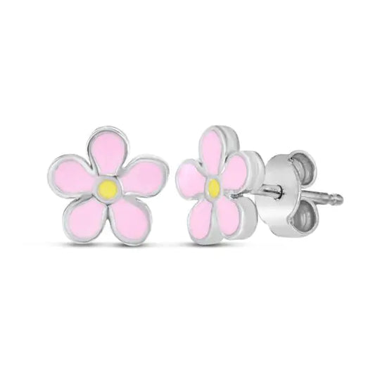 Silver Enamel Pink Flower Studs