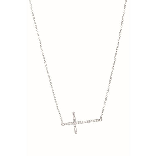 Silver CZ Side Cross Necklace