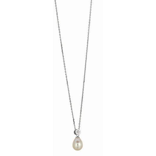 Silver Pearl and Bezel Set CZ Necklace
